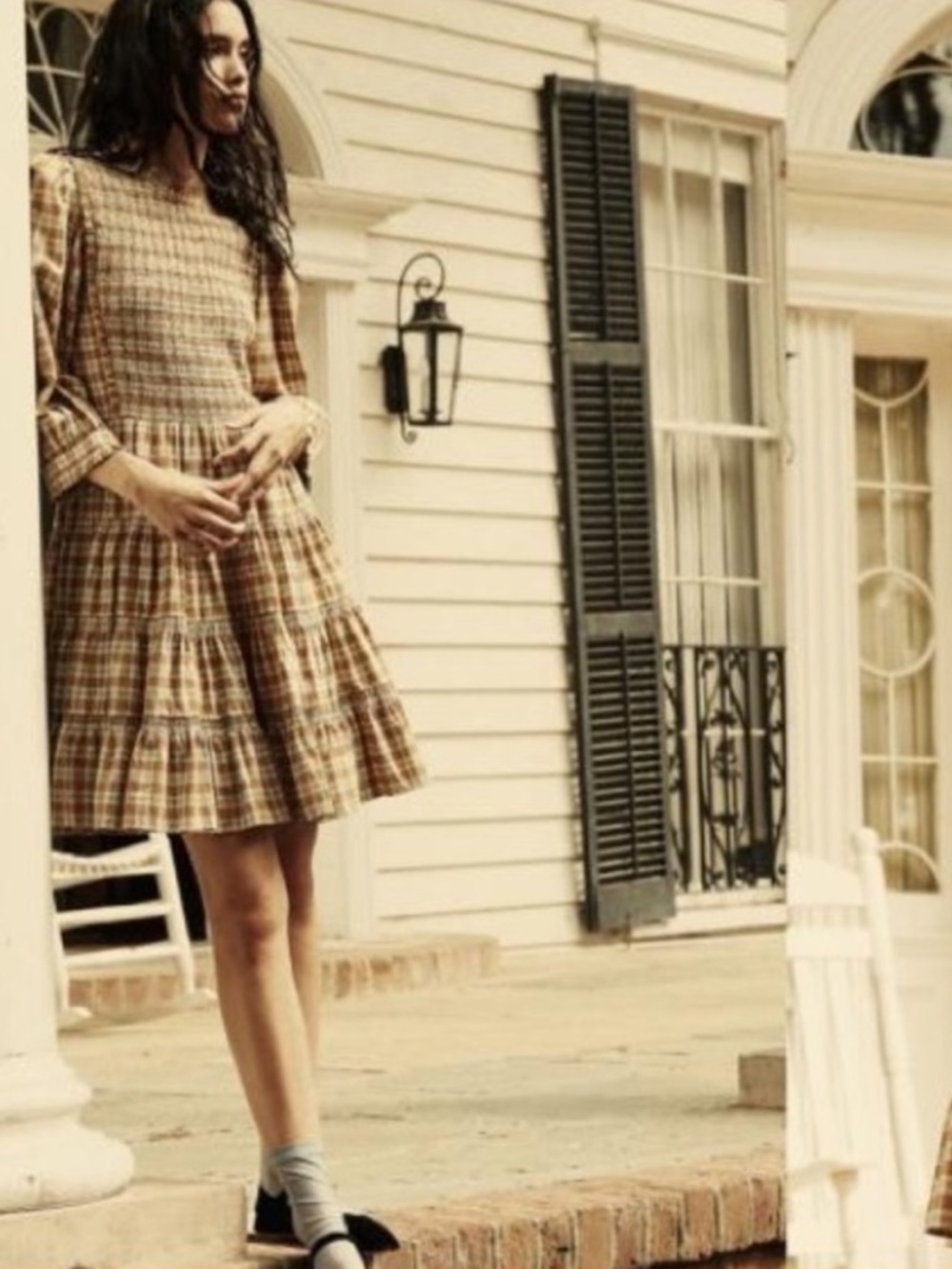 Doen Medina Dress - Gingham tan light blue tiered smocked ruffled size small - Picture 8 of 12